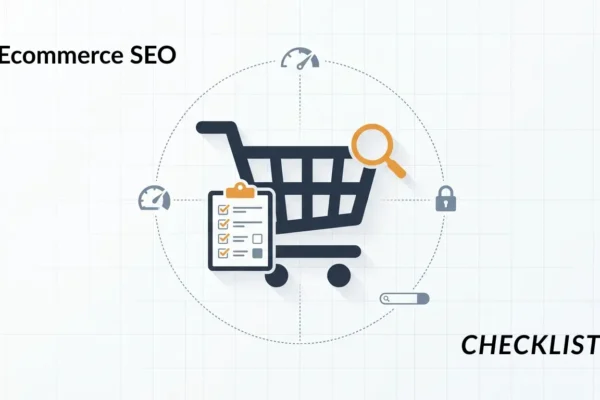 Ecommerce Audit Checklist illustration showing a shopping cart with checklist, magnifying glass, and technical SEO icons.