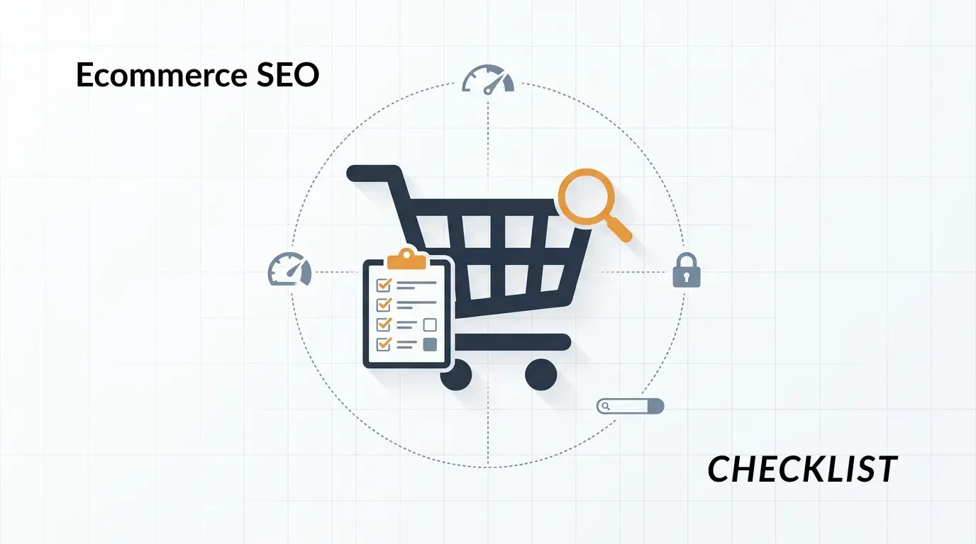 Ecommerce Audit Checklist illustration showing a shopping cart with checklist, magnifying glass, and technical SEO icons.