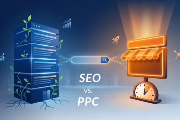 Illustration of an SEO owned building beside a PPC rented storefront, symbolizing organic search growth versus paid ad visibility.