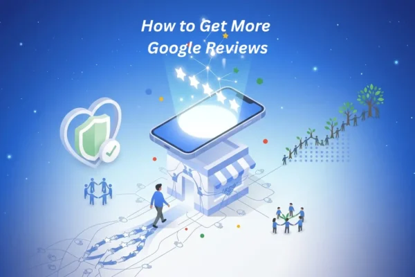 Isometric illustration of a smartphone glowing with star ratings above a storefront, symbolizing compliant, post-visit Google review requests with steady organic growth.