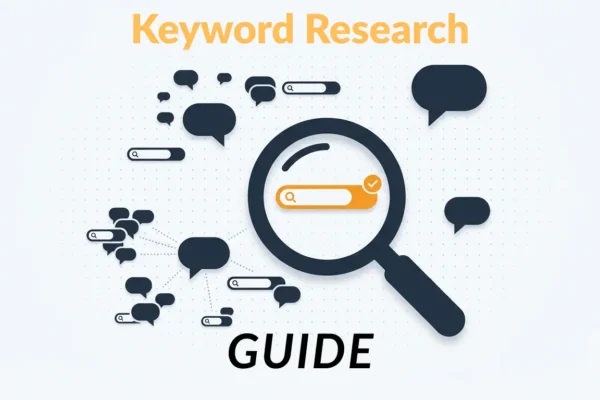Keyword Research Keyword research illustration showing a magnifying glass identifying search queries clustered into topical keyword groups.