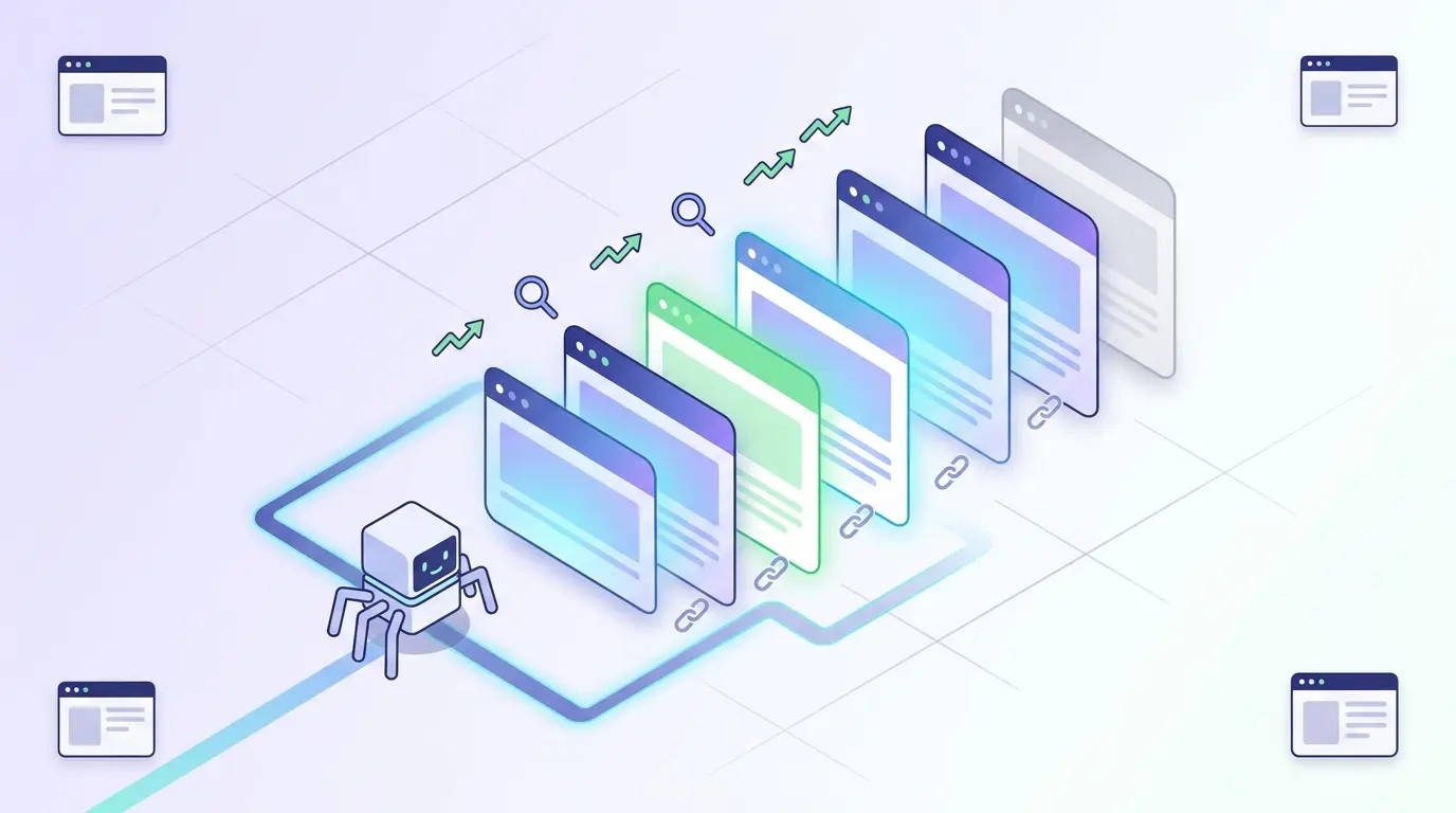 Pagination SEO illustration showing crawlable web pages, indexed content, and internal linking structure