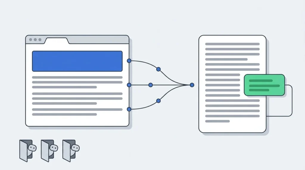A highlighted answer near the top of an article being pulled into a generated response panel, which credits the original page below it