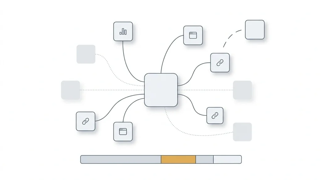 A site receiving links from nine sources, with six drawn as solid relevant links and three faded and dotted, plus one broken connection
