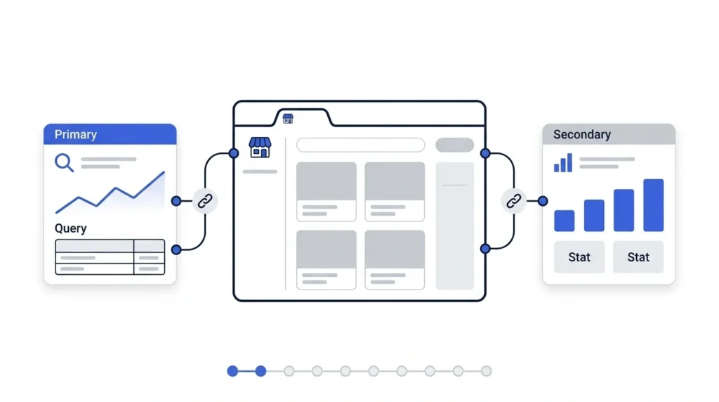 Illustration of a Shopify store connected to a search query dashboard and a traffic analytics dashboard as the first step of the SEO checklist
