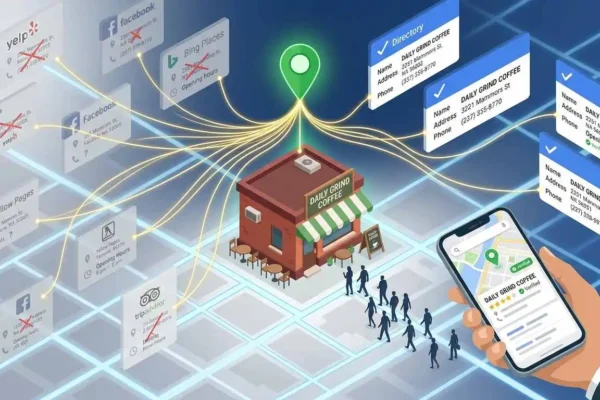 Scattered business directory listings converging into a verified local search pin, illustrating how business listings boost local SEO.
