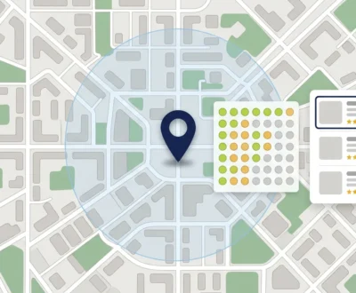 google-maps-ranking-factors-grid-scan Google Maps ranking factors shown as a grid scan around a business pin, with top-three positions near the centre fading to weak rankings in one quadrant.