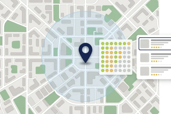 google-maps-ranking-factors-grid-scan Google Maps ranking factors shown as a grid scan around a business pin, with top-three positions near the centre fading to weak rankings in one quadrant.