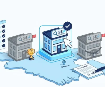 how-to-choose-seo-agency-bangladesh Choosing an SEO agency in Bangladesh: one agency selected on a Bangladesh map, two rejected for red flags, with a checklist