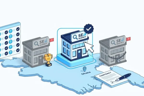 how-to-choose-seo-agency-bangladesh Choosing an SEO agency in Bangladesh: one agency selected on a Bangladesh map, two rejected for red flags, with a checklist