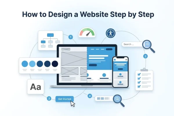 how-to-design-a-website-step-by-step Illustration of how to design a website step by step, showing a wireframe turning into a finished site on laptop and phone, with sitemap, color palette, typography, speed, accessibility and SEO icons