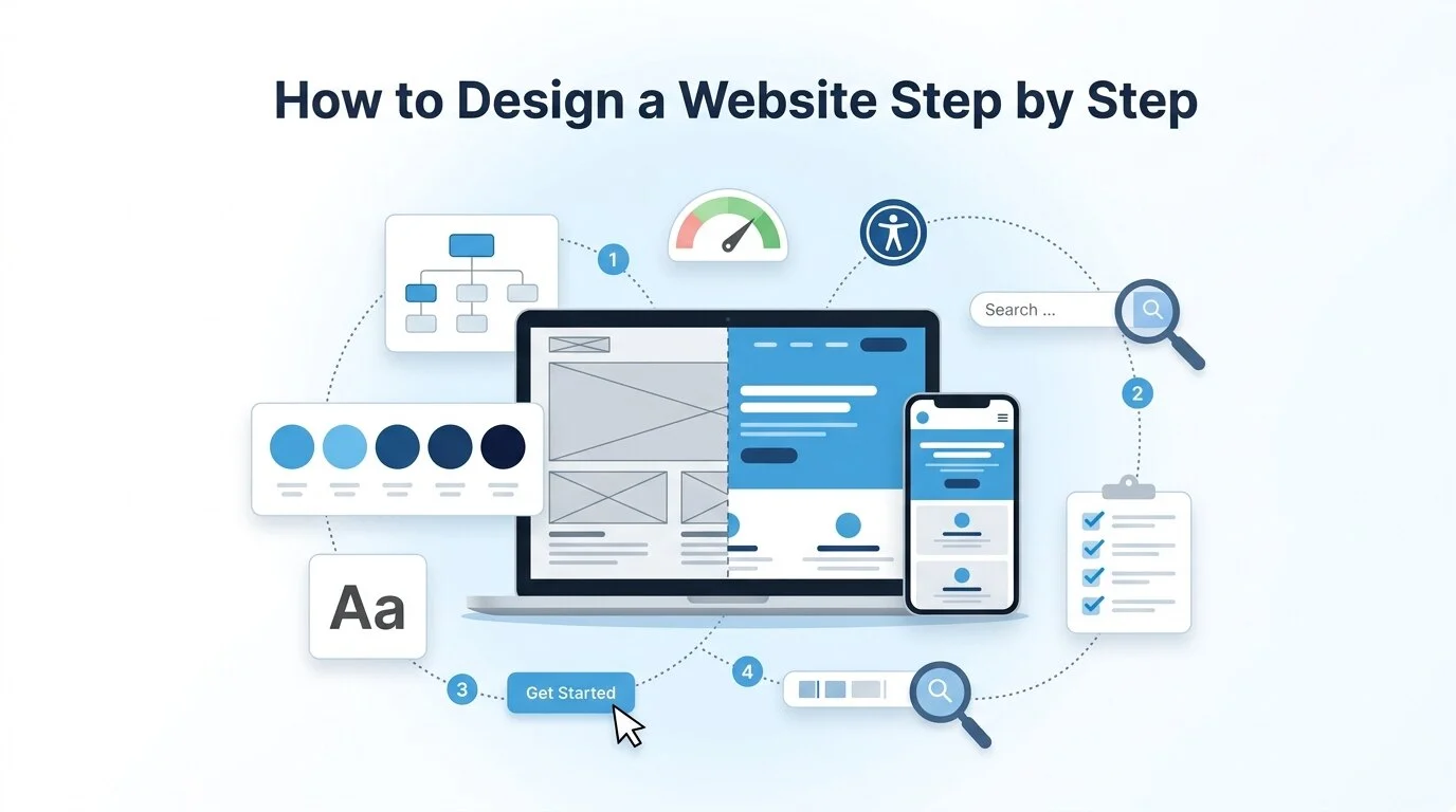 Illustration of how to design a website step by step, showing a wireframe turning into a finished site on laptop and phone, with sitemap, color palette, typography, speed, accessibility and SEO icons
