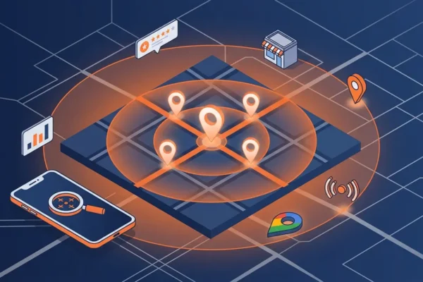 hyper local seo Hyperlocal SEO concept illustration with neighborhood map, location pin cluster, and search radius radar visual