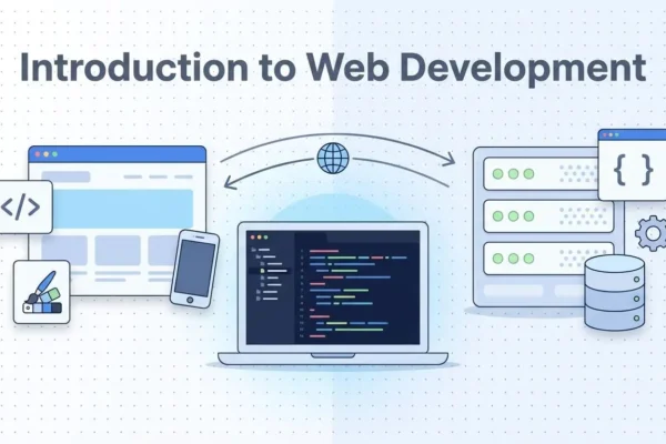 Illustration of web development basics showing a front-end browser and phone, a back-end server and database, and a laptop with code connecting them through request and response arrows