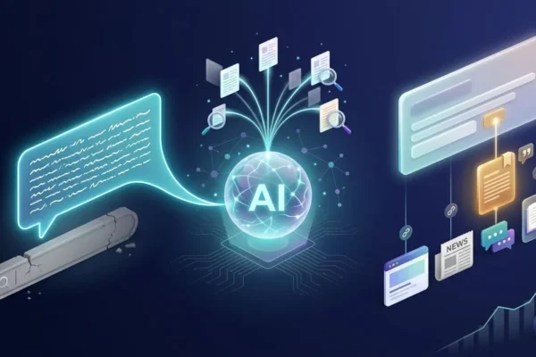 Keyword research for AI Overviews illustrated: a chat prompt fans out through an AI engine to one cited source