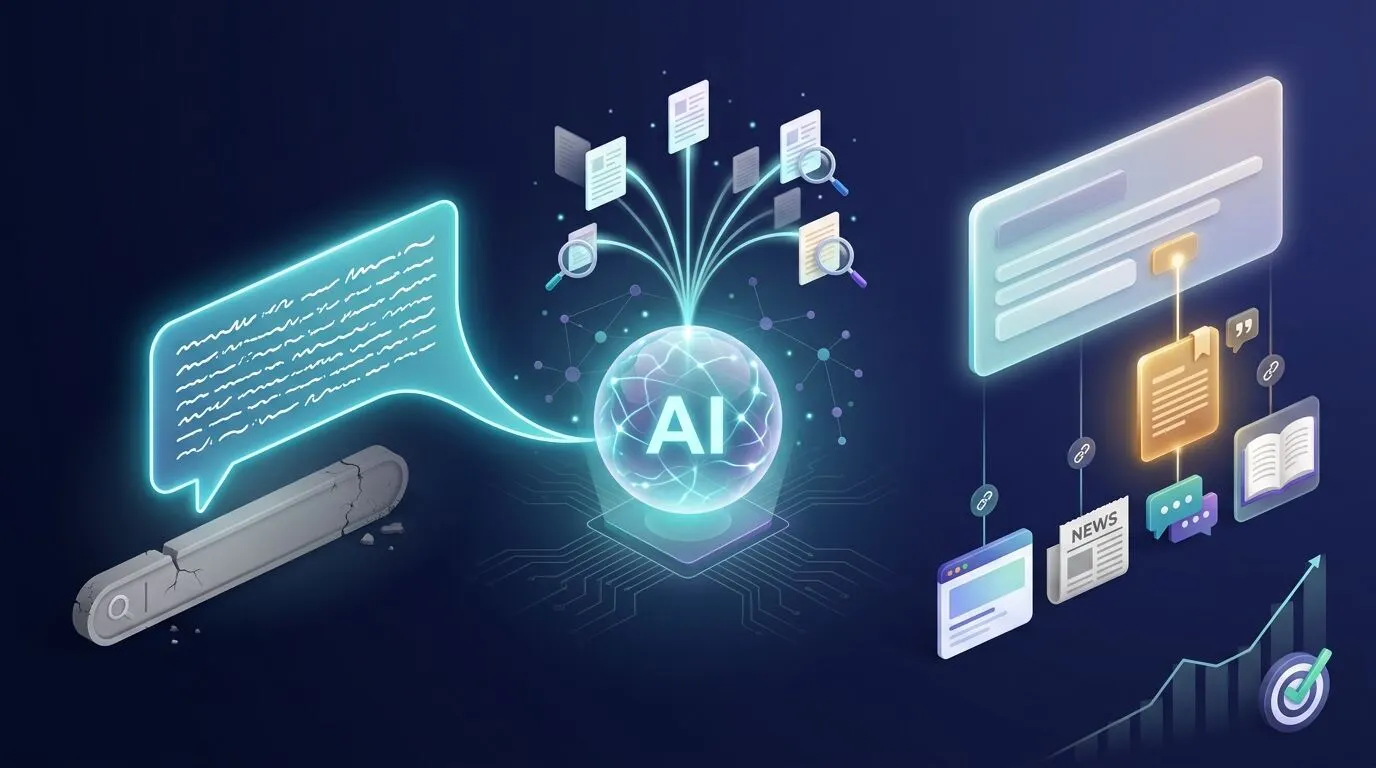 Keyword research for AI Overviews illustrated: a chat prompt fans out through an AI engine to one cited source