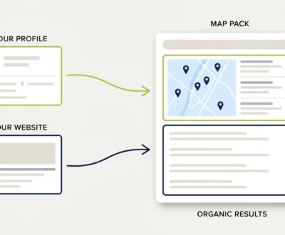 local-seo-guide-map-pack-vs-organic-results Diagram showing the two halves of local search: a business profile feeding the map pack, and a website feeding the plain organic results below it.