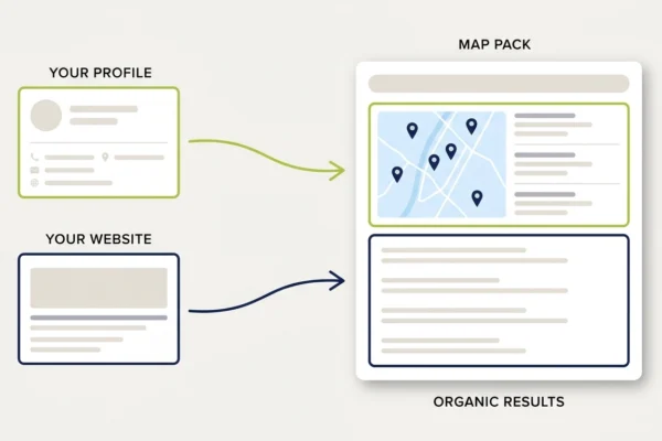 local-seo-guide-map-pack-vs-organic-results Diagram showing the two halves of local search: a business profile feeding the map pack, and a website feeding the plain organic results below it.