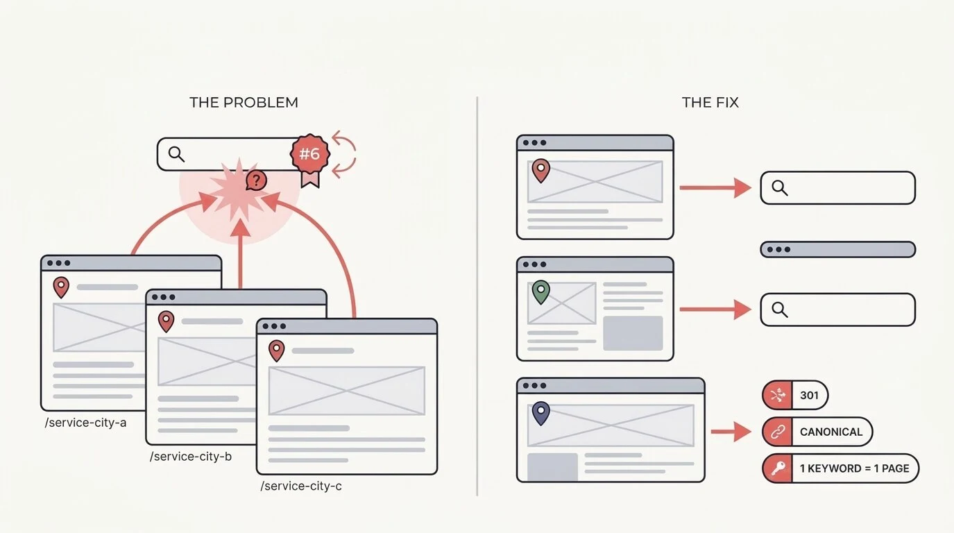 Diagram showing location page keyword cannibalization: three identical location pages competing for one search result, next to the fixed version where each page owns its own query.