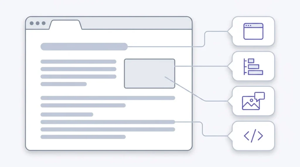 A web page broken into its on-page parts, with callouts pointing to the page title, heading hierarchy, image description, and structured data