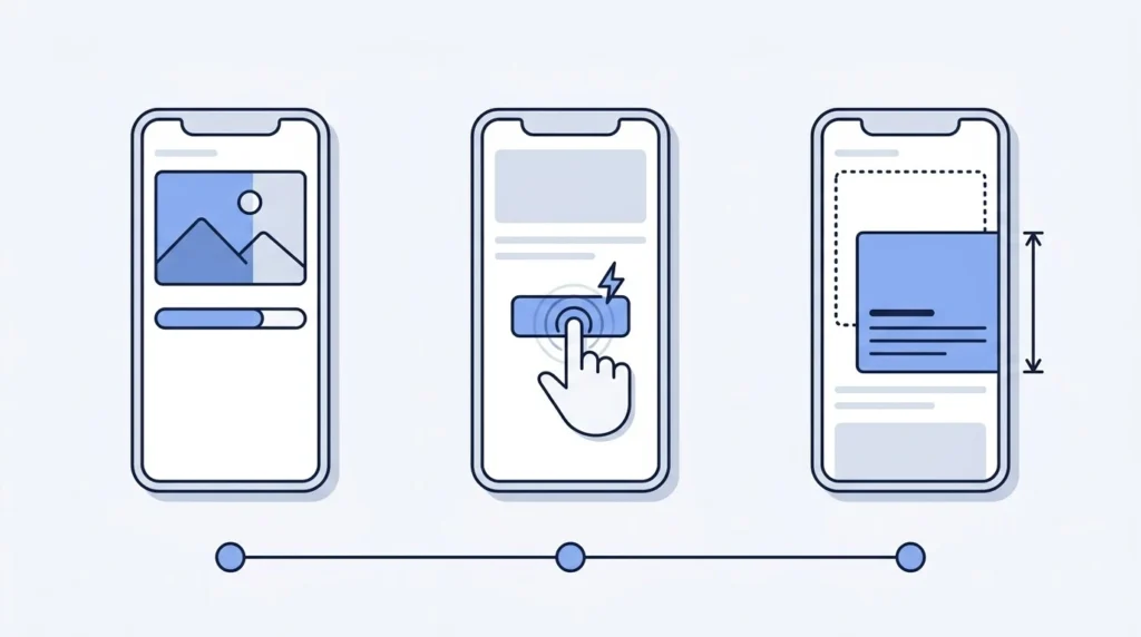 Three panels showing page performance for real users content loading, tap responsiveness, and a content block shifting position during load