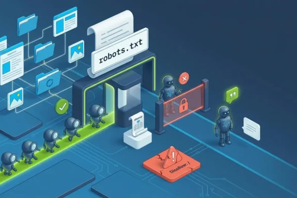 robots-txt-for-seo-guide Robots.txt for SEO illustrated as a website security gate allowing Googlebot and citation bots while blocking AI training crawlers