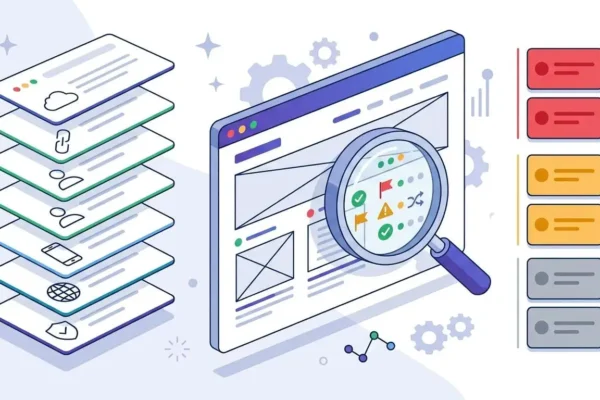 Website Auditing Checklist illustration showing a website being inspected across seven audit layers with findings sorted into fix-first priority tiers