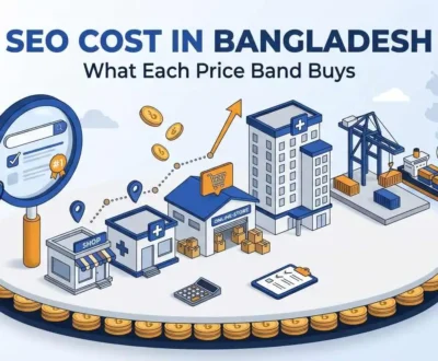 seo-cost-in-bangladesh-price-guide Taka coins and business icons in rising price tiers beside a search magnifying glass, showing SEO cost in Bangladesh