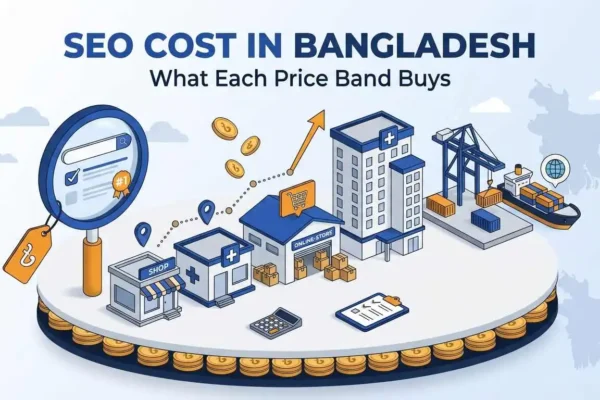 seo-cost-in-bangladesh-price-guide Taka coins and business icons in rising price tiers beside a search magnifying glass, showing SEO cost in Bangladesh