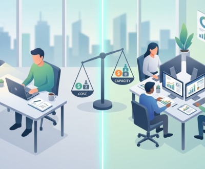 seo-freelancer-vs-agency-bangladesh Illustration comparing a solo SEO freelancer with an SEO agency team in Bangladesh, with a balance scale of taka coins between them