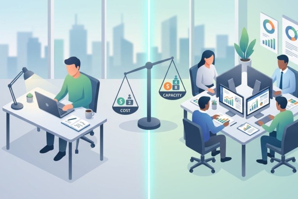 seo-freelancer-vs-agency-bangladesh Illustration comparing a solo SEO freelancer with an SEO agency team in Bangladesh, with a balance scale of taka coins between them