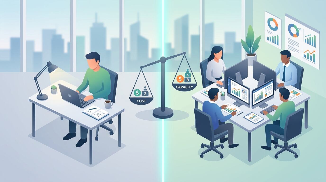 Illustration comparing a solo SEO freelancer with an SEO agency team in Bangladesh, with a balance scale of taka coins between them