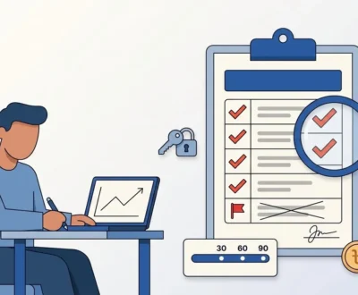 seo-proposal-checklist-bangladesh Business owner reviewing an SEO proposal checklist with scope table and 90-day roadmap before signing a contract