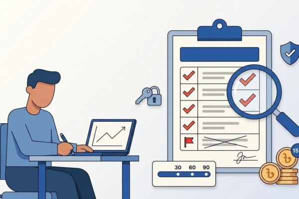 seo-proposal-checklist-bangladesh Business owner reviewing an SEO proposal checklist with scope table and 90-day roadmap before signing a contract