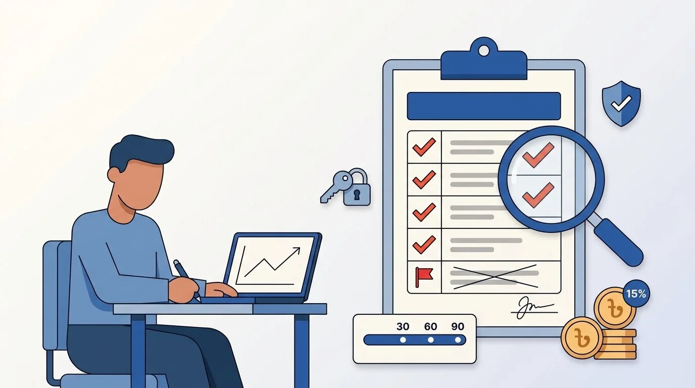 Business owner reviewing an SEO proposal checklist with scope table and 90-day roadmap before signing a contract