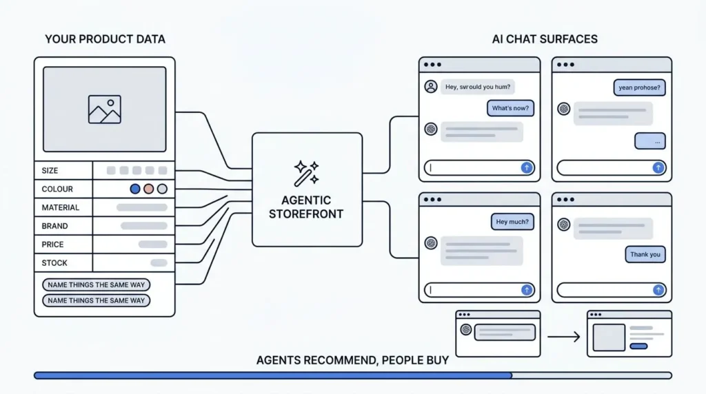 Diagram showing structured Shopify product data flowing through an agentic storefront into four AI chat assistants that recommend products, with shoppers completing purchases on the store