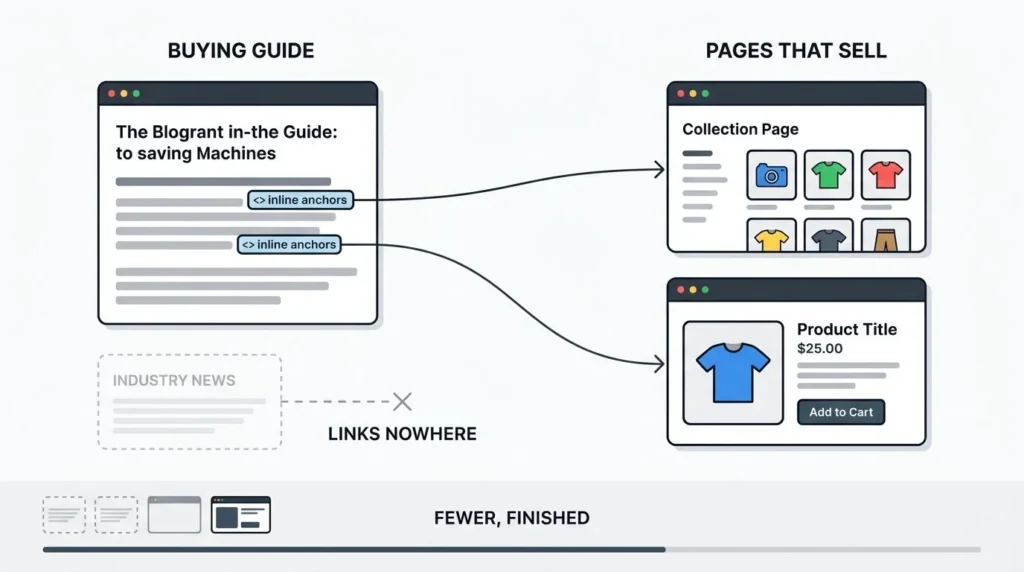 Diagram showing a Shopify buying guide linking from inline anchors into a collection page and a product page, next to an industry news post whose links lead nowhere