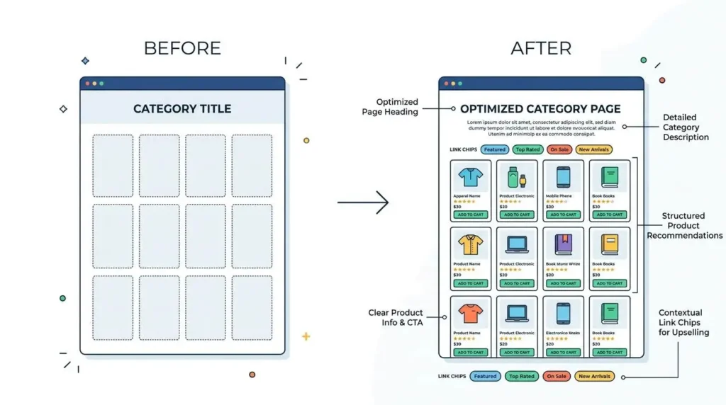 Before and after comparison of a Shopify collection page, showing a bare product grid rebuilt with an H1 keyword, description copy, internal links, and a unique meta title