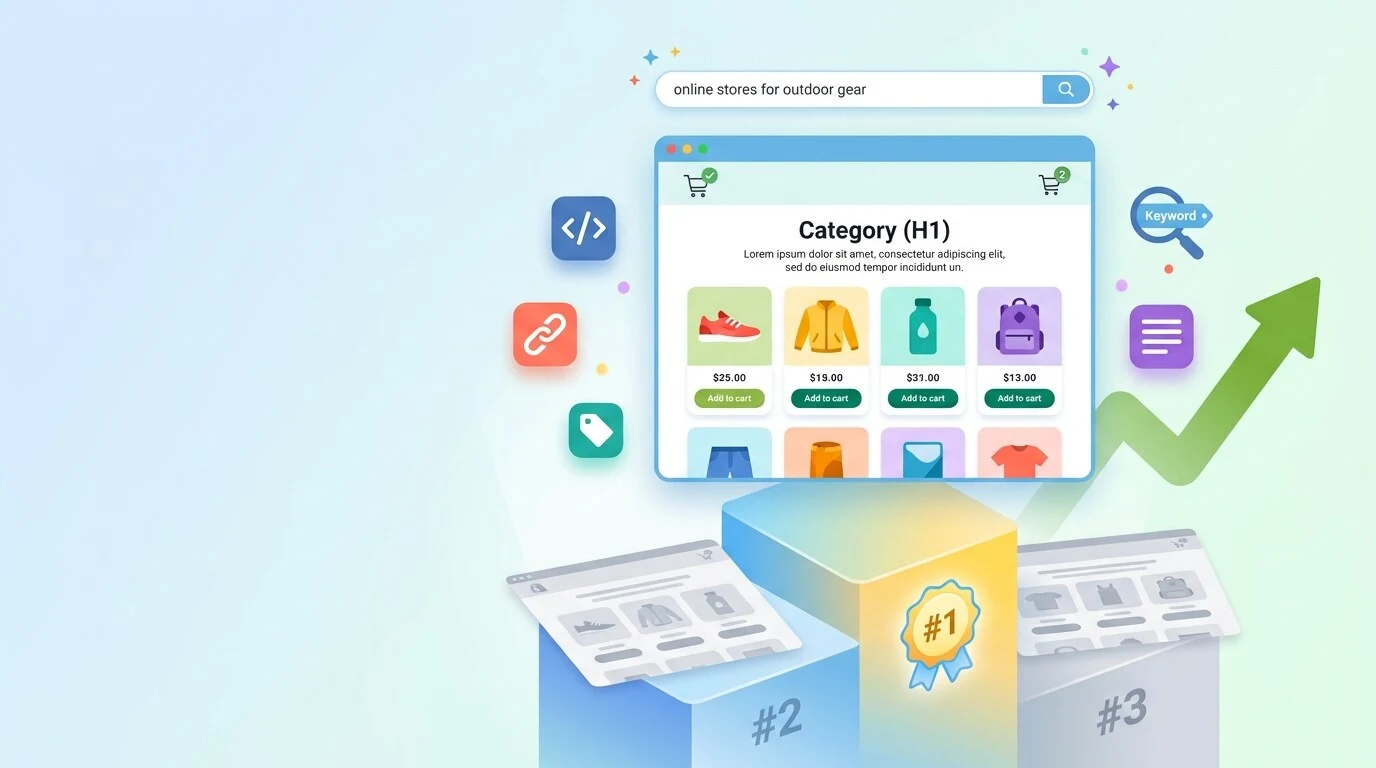 Shopify collection page SEO illustration showing a category page ranking #1 above competitors in search results