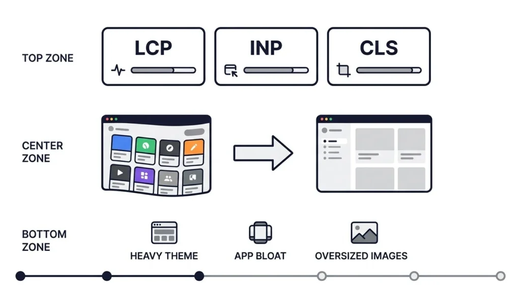 Diagram of Core Web Vitals for a Shopify store showing LCP, INP and CLS metrics alongside the three causes of slow pages: heavy themes, app bloat, and oversized images