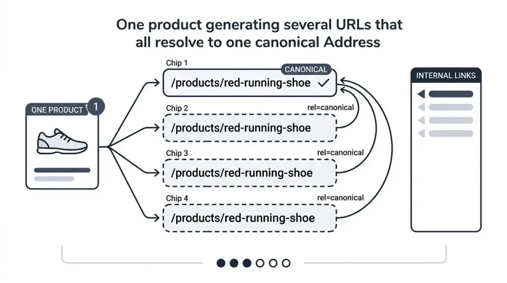 Diagram of Shopify's duplicate URL problem showing one product with four URLs, three collection and variant paths canonicalizing to the clean /products/ URL, with internal links pointing to the canonical version