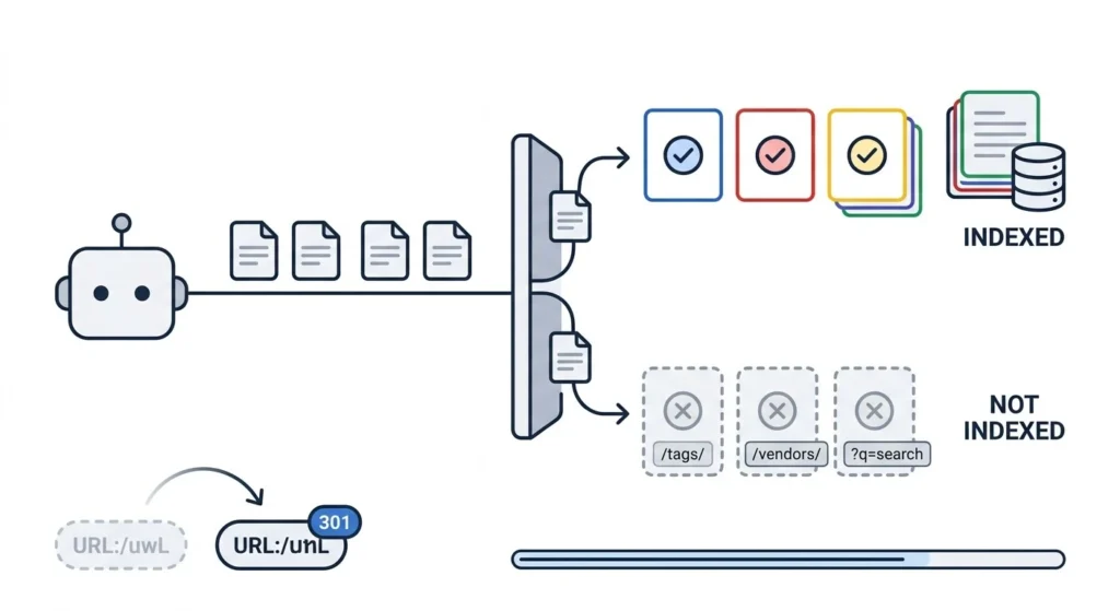 Illustration of a search crawler sorting Shopify store pages into indexed pages and excluded tag, vendor, and internal search pages, with a 301 redirect
