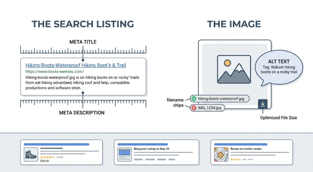 Diagram showing a search listing with meta title and description character limits alongside an optimized image filename, alt text, and reduced file size