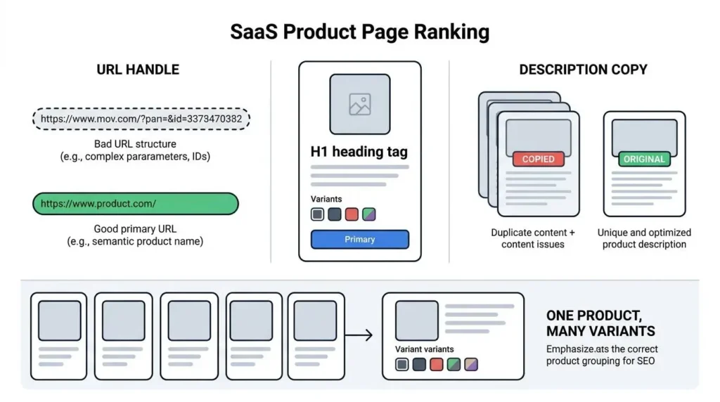 Diagram of Shopify product page optimization showing a short URL handle, original product description copy instead of copied manufacturer text, and variants consolidated onto one product page