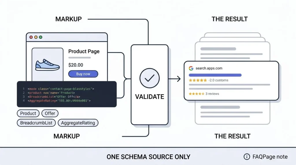 Diagram showing Product, Offer, BreadcrumbList and AggregateRating schema added to a Shopify product page, validated, and producing an enhanced search listing with stars and price