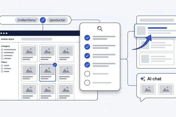 Shopify SEO checklist illustration showing a store's collection and product pages, a six-point optimization checklist, rising search rankings, and products appearing in an AI shopping assistant