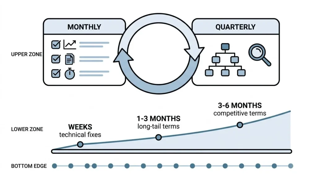 Diagram of a Shopify SEO review cycle showing monthly Search Console checks, a quarterly site audit, and a timeline of when technical, long-tail, and competitive results appear