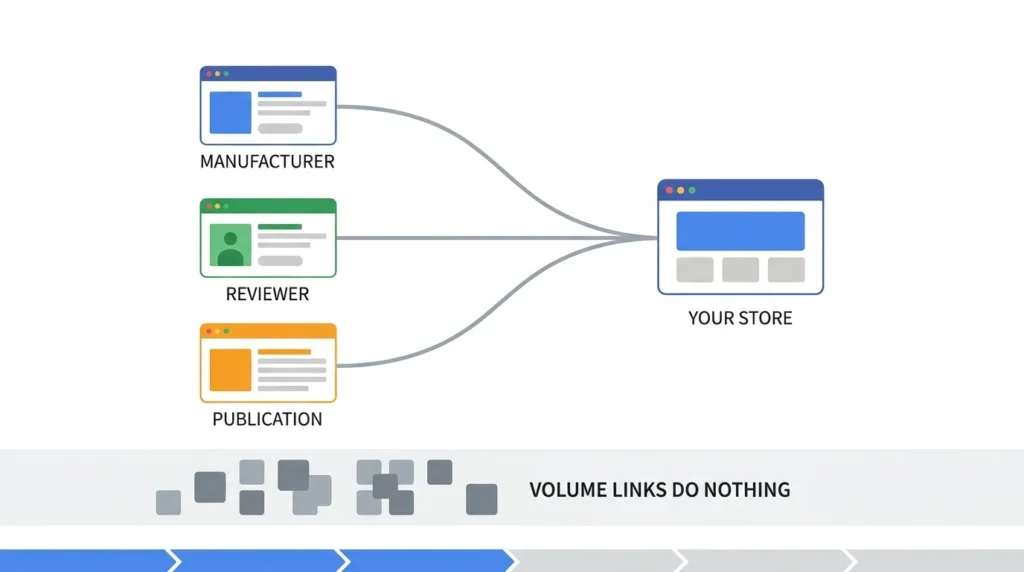 Diagram showing links to a Shopify store earned from a manufacturer stockist page, a product reviewer, and a publication article, next to bulk links that lead nowhere