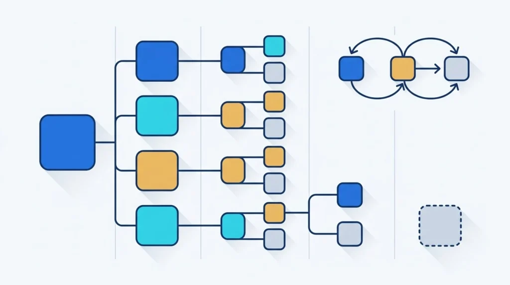 Site architecture diagram showing pages branching from the homepage by click depth, with one orphan page disconnected from the internal link structure