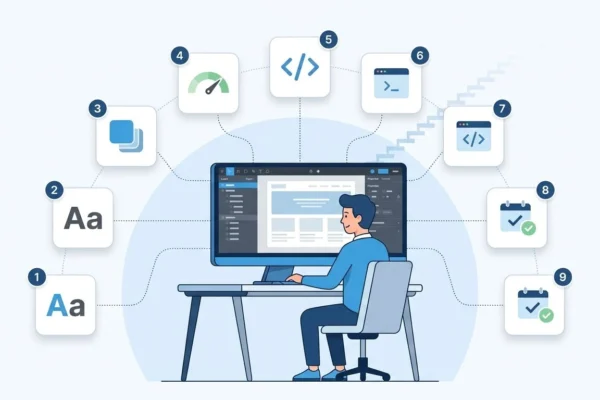 Illustration of a web designer at a desk surrounded by 9 skill icons: visual design, UX and UI, responsive design, design tools, HTML and CSS, accessibility, SEO, AI tools, and communication